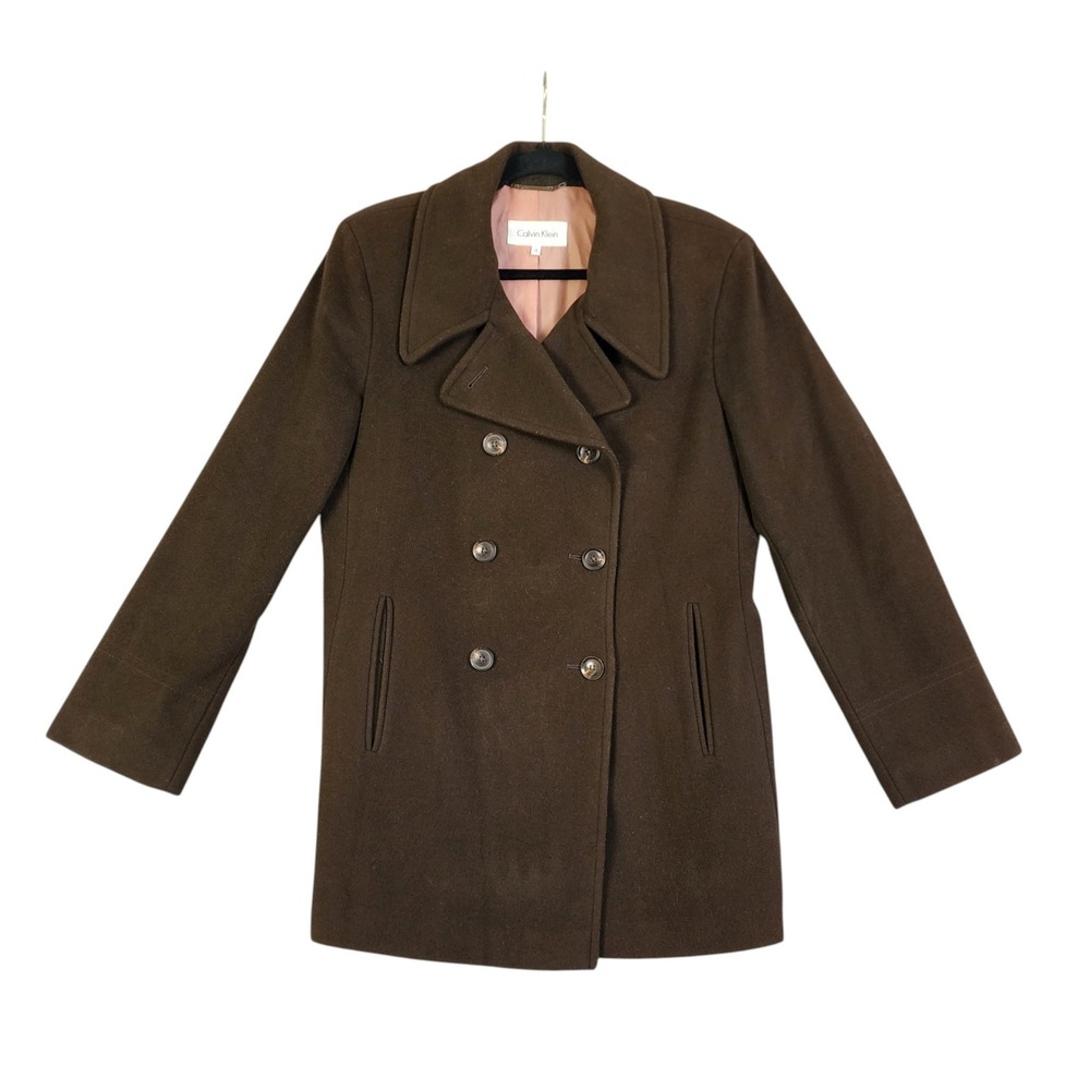 Calvin Klein Womens Wool Cashmere‎ Double Breasted Coat Size 14 Chocolate Brown